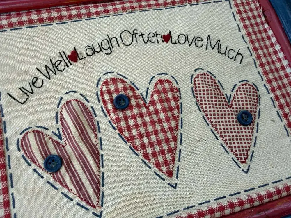 Handcrafted 'Live Well Laugh Often Love Much' Fabric Wall Art with Heart Appliqu